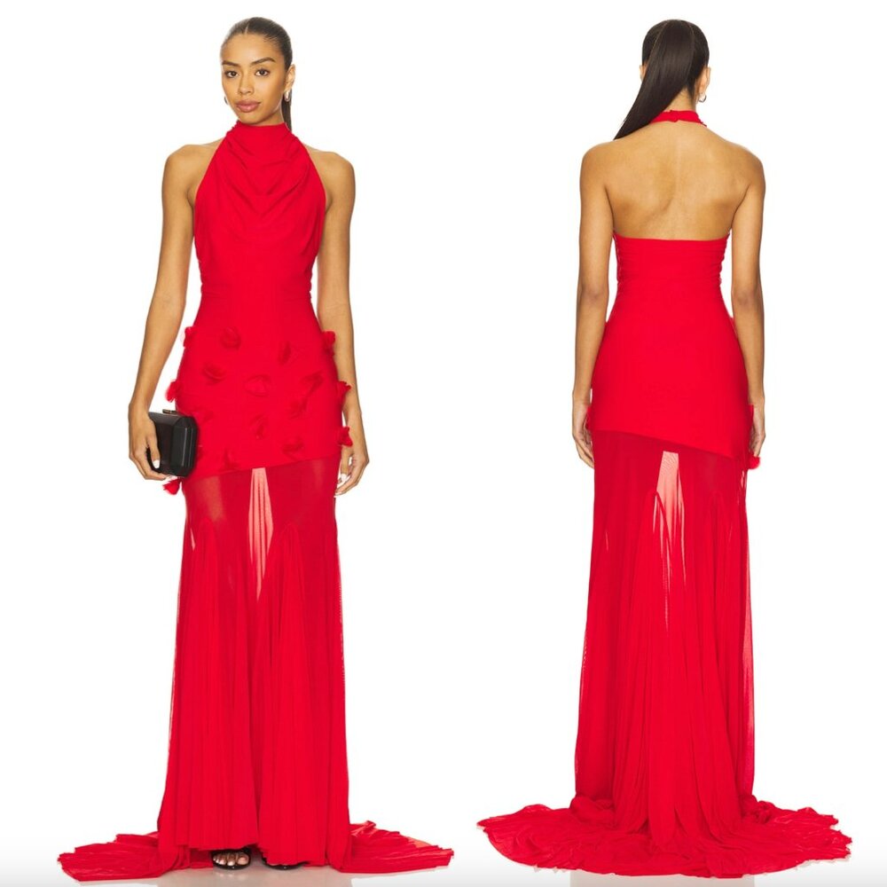 Deme by Gabriella Celeste Gown in Red Formal Gala Maxi Dress High Neck Halter